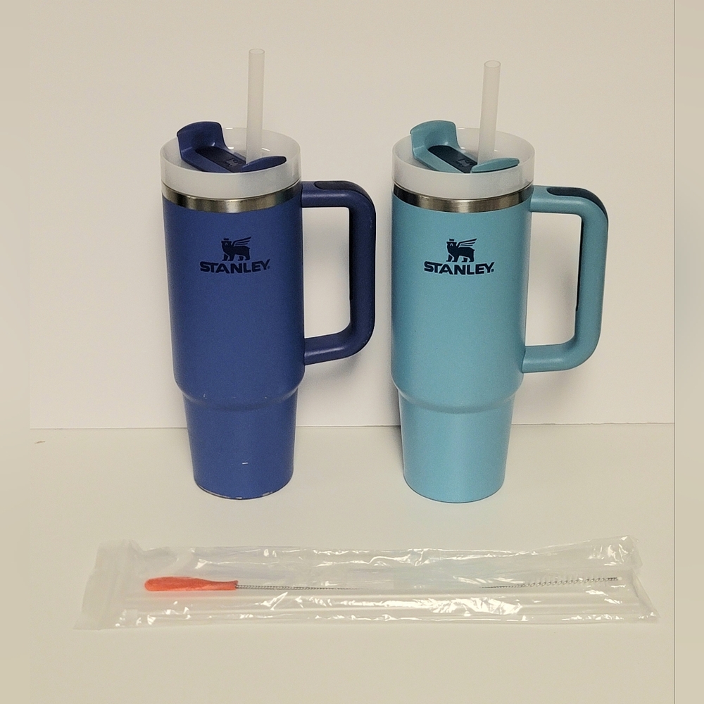 Stanley Dual Blue Travel Mugs with New Straws and sanitized
